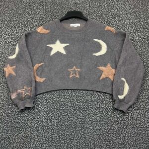 Threaded Leaf Sweater Women Medium Gray Crop Long Sleeve Crew Neck New M